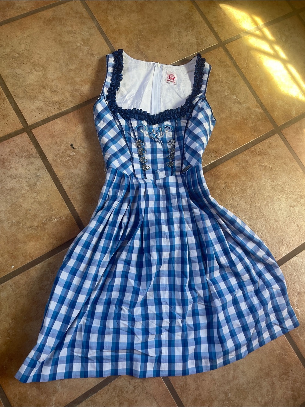 Blue Checked Dirndl Dress with Navy Satin Apron - Brand Unspecified - Picture 4 of 7